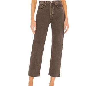 REDONE High Rise 70s Stove Pipe Straight-Leg Jeans Frayed Hem Brown 26